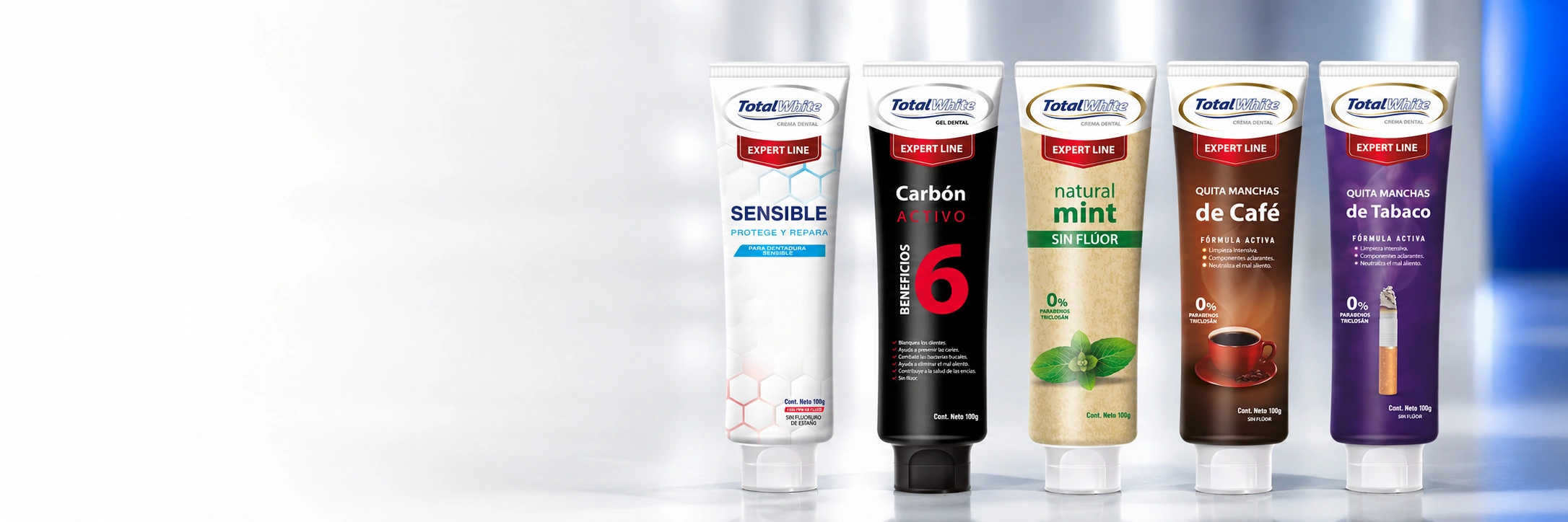 Los cinco productos de TotalWhite Expert Line en una nueva composición de estudio