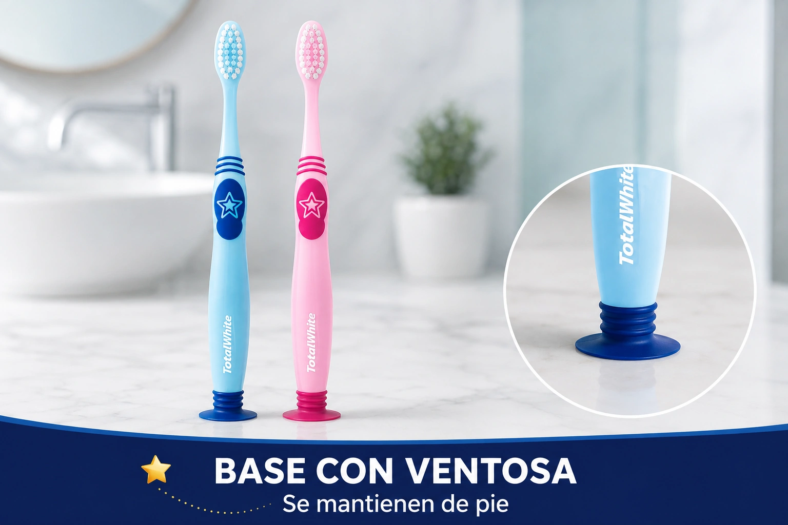 Cepillos TotalWhite Kids azul y rosado de pie sobre sus bases de ventosa, con las cerdas separadas de la superficie del baño
